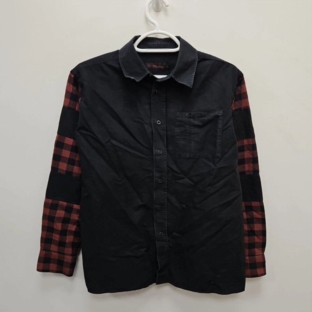 Dr Martens Black Red Plaid Check Skater Punk Goth Long Sleeve Shirt Size Small